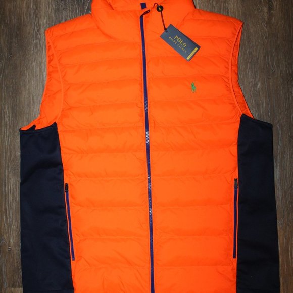 NWT POLO RALPH LAUREN MEN'S NEON PACKABLE DOWN VEST ORANGE NAVY BLUE $240‎ - Picture 3 of 10
